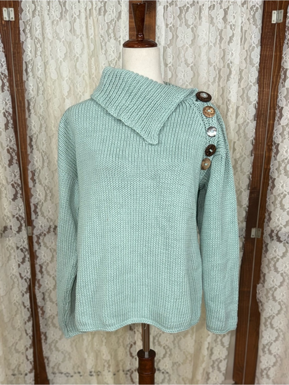 Cozy Pure Hand Knit 100% Cotton Mint Button-Shoulder Sweater